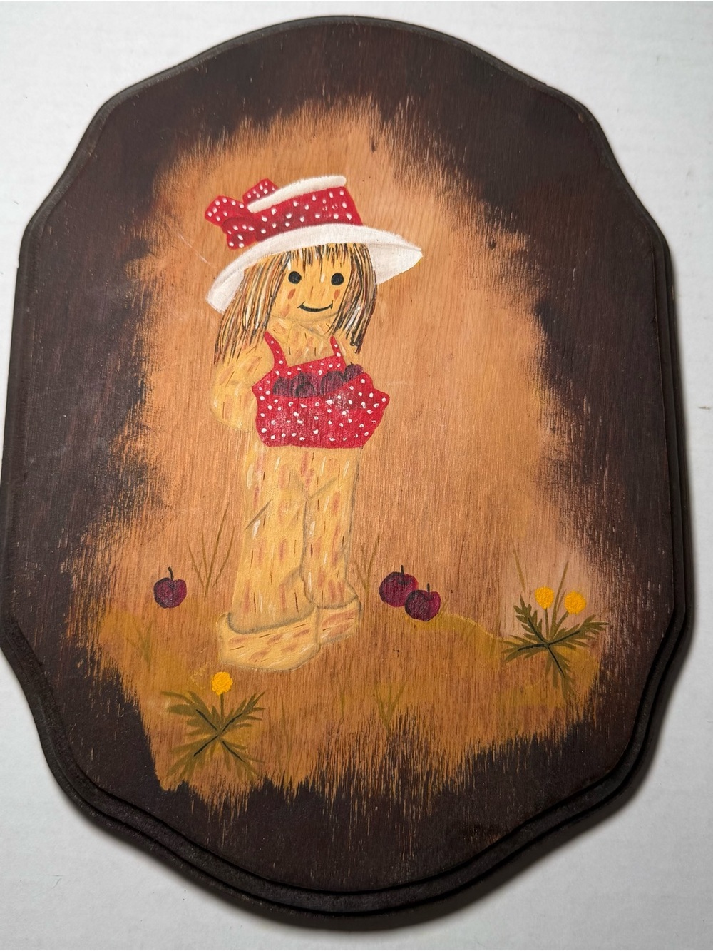 Vintage Handmade Wooden Hand Painted Girl Polka Dot Wall Hanging Folk Art